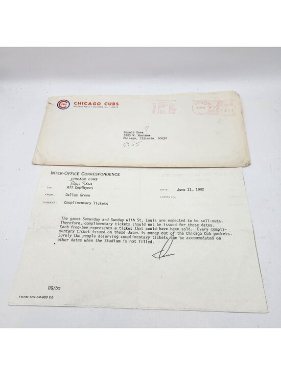 Chicago Cubs Other - MLB Chicago Cubs 1982 Inter-Office Memo Envelope Signed AUTO Dallas Green 1982